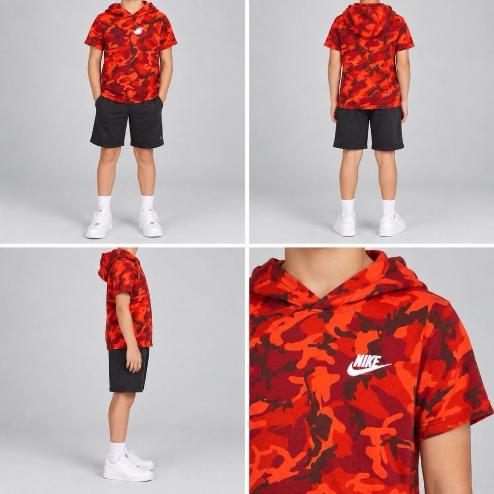 Nike Boys Youth Medium Red Camo Short Sleeve Hoodie Pullover Swoosh